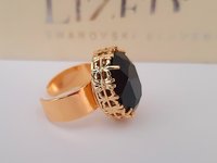 Jet Black & Gold Adjustable Band Ring  / Art Deco Cuff Ring / Jewelry / Oval Filigree 18x13mm / Anniversary Gift