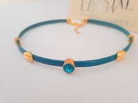 Turquoise Leather Choker Necklace with Teal Crystal, Gold Charm Summer Choker, Bohemian Everyday Jewelry, Unique Birthday Gift