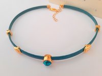 Turquoise Leather Choker Necklace with Teal Crystal, Gold Charm Summer Choker, Bohemian Everyday Jewelry, Unique Birthday Gift