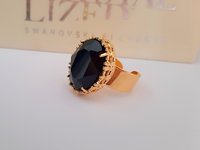 Jet Black & Gold Adjustable Band Ring  / Art Deco Cuff Ring / Jewelry / Oval Filigree 18x13mm / Anniversary Gift