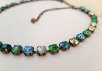 Green Blue Multi colors Bronze Tennis Choker, Sweet 16 Birthday Gift, Crystal Necklace, Antique Jewelry