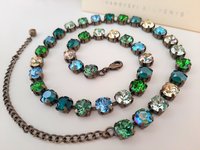 Green Blue Multi colors Bronze Tennis Choker, Sweet 16 Birthday Gift, Crystal Necklace, Antique Jewelry