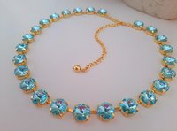 Aquamarine and Light Sapphire Rivoli Tennis Necklace, Anna Wintour Choker, Gold Collet Jewelry for Women, Birthday Gift