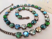 Green Blue Multi colors Bronze Tennis Choker, Sweet 16 Birthday Gift, Crystal Necklace, Antique Jewelry