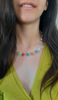 Multi-color Crystal Tennis Necklace in Silver, Colorful Rhinestone Jewelry, Rainbow Choker, Daisy Collet, Birthday Gift for Women