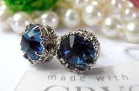 Handcrafted Platinum Filigree Stud Earrings with Dark Sapphire Blue Montana Crystals Art Deco Post Pierced Women's Birthday Gift