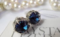 Handcrafted Platinum Filigree Stud Earrings with Dark Sapphire Blue Montana Crystals Art Deco Post Pierced Women's Birthday Gift