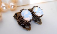 White Opal Clip On Stud Earrings, Non Pierced for girls, Art Deco Jewelry, Antique Bronze, Post, Filigree, Vintage Jewelry