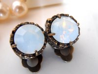 White Opal Clip On Stud Earrings, Non Pierced for girls, Art Deco Jewelry, Antique Bronze, Post, Filigree, Vintage Jewelry