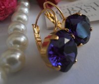 Purple Velvet Dangle Gold Earrings 4470, Square Cushion Cut Crystals 12mm, Bridal Gold Jewelry, Wedding Accessories  / Gift