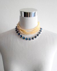 Blue Montana Rivoli Crystal Collet Necklace in Silver, Cup chain Choker, Long White Pearl Necklace, Wedding Day Bridal Jewelry