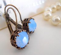 Air Blue Opal Art Deco Bronze Earrings, Dangle Drop Leverback, Filigree Antique Jewelry, Vintage Birthday Gift