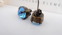 Aquamarine Blue Crystal Stud Earrings, Pierced Post Earrings 8mm, Antique Bronze Vintage Style Jewelry, Birthday Gift For Her