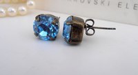 Aquamarine Blue Crystal Stud Earrings, Pierced Post Earrings 8mm, Antique Bronze Vintage Style Jewelry, Birthday Gift For Her