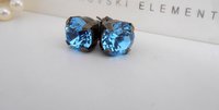 Aquamarine Blue Crystal Stud Earrings, Pierced Post Earrings 8mm, Antique Bronze Vintage Style Jewelry, Birthday Gift For Her