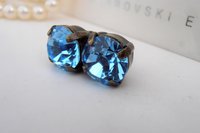 Aquamarine Blue Crystal Stud Earrings, Pierced Post Earrings 8mm, Antique Bronze Vintage Style Jewelry, Birthday Gift For Her