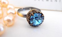 Aquamarine Blue Crystal Bronze Filigree Adjustable Ring, Gothic, Solitaire Stackable Ring, Antique Jewelry Gift