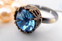 Aquamarine Blue Crystal Bronze Filigree Adjustable Ring, Gothic, Solitaire Stackable Ring, Antique Jewelry Gift