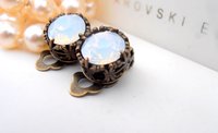 White Opal Clip On Stud Earrings, Non Pierced for girls, Art Deco Jewelry, Antique Bronze, Post, Filigree, Vintage Jewelry