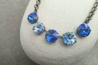 Sapphire Blue Crystal Chain Necklace, Rivoli Collet, Antique Bronze Jewelry, Mother's Day Gift, Blue Tennis Cup chain  Choker