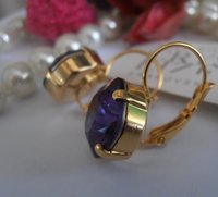 Purple Velvet Dangle Gold Earrings 4470, Square Cushion Cut Crystals 12mm, Bridal Gold Jewelry, Wedding Accessories  / Gift