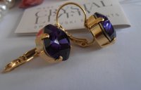 Purple Velvet Dangle Gold Earrings 4470, Square Cushion Cut Crystals 12mm, Bridal Gold Jewelry, Wedding Accessories  / Gift