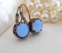 Air Blue Opal Art Deco Bronze Earrings, Dangle Drop Leverback, Filigree Antique Jewelry, Vintage Birthday Gift