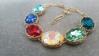 Multi color Oval Crystal Bracelet Anna Wintour Jewelry Georgian Style Gold Chunky Jewelry Gift for Girlfriend Bracelet for Women