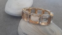 Clear Transparent Gold Stretch Bracelet 4675, Square Crystal cuff, Chunky Summer Jewelry, Statement Beach Accessories