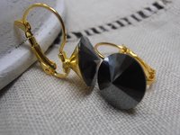 Jet Black Hematite Rivoli Gold Earrings / Mother's day Gift / Dangle Drop / Lever back Setting / Christmas Gift