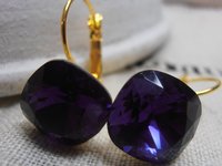 Purple Velvet Cushion Cut Gold Lever back Earrings / Square Dangle Drops / 4470 12mm Jewelry / Women Birthday gift