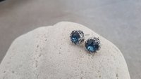 Handcrafted Platinum Filigree Stud Earrings with Dark Sapphire Blue Montana Crystals Art Deco Post Pierced Women's Birthday Gift