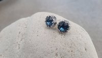 Handcrafted Platinum Filigree Stud Earrings with Dark Sapphire Blue Montana Crystals Art Deco Post Pierced Women's Birthday Gift