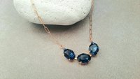 Dark Blue Sapphire Oval Crystal Necklace, Gold Chain Celebration Choker, Tennis Cup chain, Statement Jewelry, Girlfriend Birthday Gift