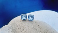 Light Sapphire Blue Square Stud Earrings, Asscher Cut Crystal, Imperial Pierced Post, Fancy Silver Jewelry, Girlfriend Love Gift