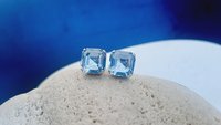 Light Sapphire Blue Square Stud Earrings, Asscher Cut Crystal, Imperial Pierced Post, Fancy Silver Jewelry, Girlfriend Love Gift