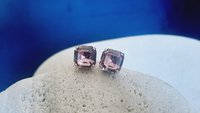 Antique Pink Square Post Earrings, Asscher Cut Crystal, Imperial Pierced Studs, Fancy Silver Jewelry, Wife Anniversary Gift