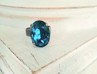 Crystal Teal Blue Bronze Adjustable Band, Victorian Style Oval Ring, Antique Statement Jewelry for Women, Sparkling Gift Ideas