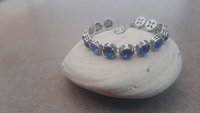 Sapphire Crystal Filigree Bracelet, Art Deco Platinum Jewelry for Women, Blue Bezel Bracelet, Wife Anniversary Gift