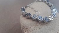 Sapphire Crystal Filigree Bracelet, Art Deco Platinum Jewelry for Women, Blue Bezel Bracelet, Wife Anniversary Gift