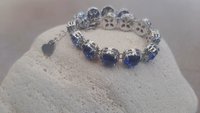 Sapphire Crystal Filigree Bracelet, Art Deco Platinum Jewelry for Women, Blue Bezel Bracelet, Wife Anniversary Gift