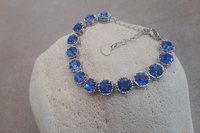 Sapphire Crystal Filigree Bracelet, Art Deco Platinum Jewelry for Women, Blue Bezel Bracelet, Wife Anniversary Gift