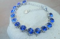 Sapphire Crystal Filigree Bracelet, Art Deco Platinum Jewelry for Women, Blue Bezel Bracelet, Wife Anniversary Gift