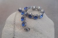 Sapphire Crystal Filigree Bracelet, Art Deco Platinum Jewelry for Women, Blue Bezel Bracelet, Wife Anniversary Gift