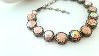 Peach Beige Multi-colors Rhinestone Bracelet in Bronze, Women Antique Crystal Jewelry, Art Deco Style Gifts for Mom, Vintage Bracelets