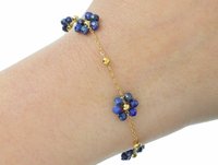 Blue Lapis Lazuli Beaded Chain Bracelet, Gemstone Flower Beads Bracelet, Everyday Gold Jewelry, Fashion Birthday Gift for Girlfriend