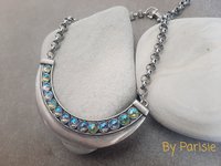 Metal Bar Bib Necklace with Aquamarine AB Rhinestones in Antique Silver | Statement Jewelry