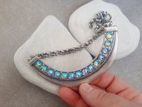 Metal Bar Bib Necklace with Aquamarine AB Rhinestones in Antique Silver | Statement Jewelry