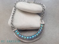 Metal Bar Bib Necklace with Aquamarine AB Rhinestones in Antique Silver | Statement Jewelry