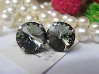 Black Diamond Rivoli Stud Earrings with Crystals 1122 / Antique Silver Pierced Post / Gift Body / Jewelry Accessories